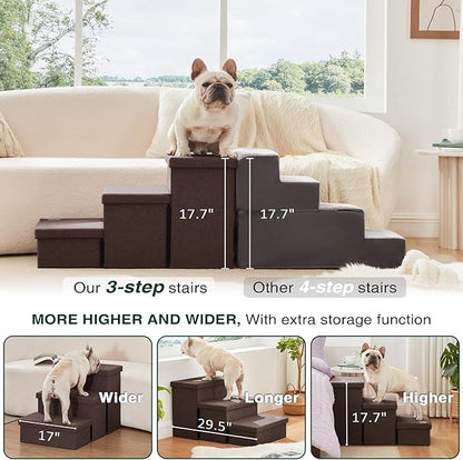 Love's cabin Dog Stairs for High Bed 18" H,Foldable Pet Stairs for Small Medium or Large Dogs Puppy with Storage for Bed or Couch,Cat Dog Steps Ramp with Zip up to 200 lbs(Coffee,3 Steps no Condo)