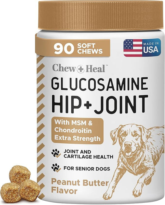 Dog Glucosamine Chews, 90 Count - Hip and Joint Supplement for Dogs - MSM, Chondroitin for Joint and Cartilage Health - Puppies and Seniors, Small and Large Breeds, Peanut Butter Flavor