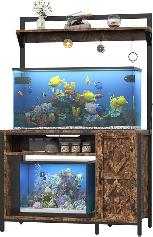 kepptory 40-50 Gallon Diamond Fish Tank Stand with Power Outlet, Heavy Duty Aquarium Cabinet with Display Shelf and 4 Hooks, Suitable for Turtle Tank, Reptile Terrarium for Home Office (Retro Brown)