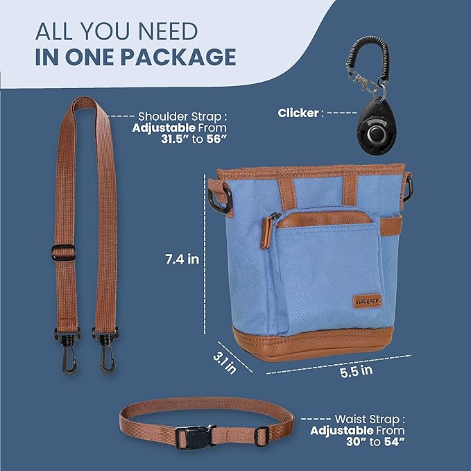 BEAU&FUR Large Dog Treat Pouch with Clicker for Training – 4 Cup Capacity, Built-In Poop Bag Dispenser, Expandable Pocket, Metal Buckle, Large Back Pocket, Ideal Design for Walks and Training – Blue