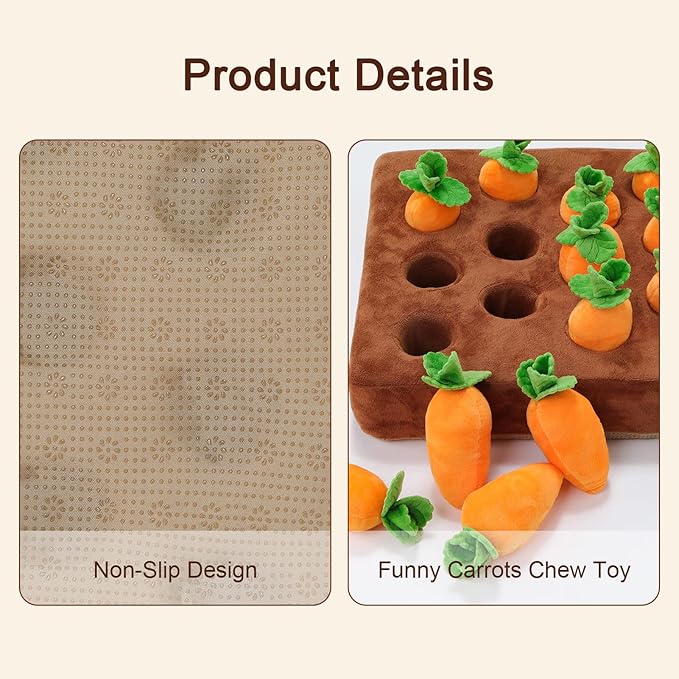 Interactive Dog Toys，Carrot Snuffle Mat for Dogs Plush Puzzle Toys 2 in 1 Non-Slip Nosework Feed Games Pet Stress Relief with 12 Carrots