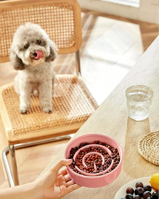 Ceramic Slow Feeder Dog Bowls, 0.6 Cup Slow Feeder for Small Dogs and Cats, Puzzle Maze Bowl, Prevents Choking, 6in, Pink