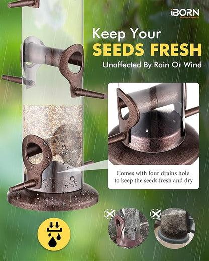 iBorn Metal Bird Feeder Hanging Wild Bird Seed Feeder for Mix Seed Blends Heavy Duty All Metal Coffee Finish,15 Inch 6 Port(Seed is not Included)