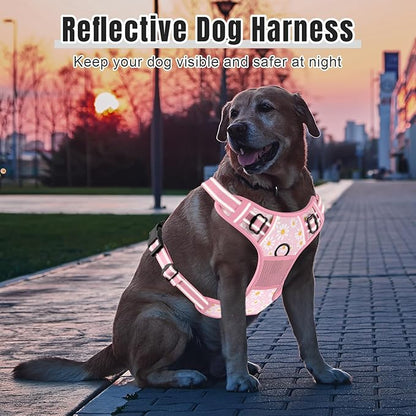 Rnivvi No Pull Dog Harness, Cute Flower Reflective Medium Sized Puppy Harness, Adjustable Soft Padded Vest for Medium Dogs, Heavy Duty Pet Vest with Easy Control Handle for Walking, Pink Floral