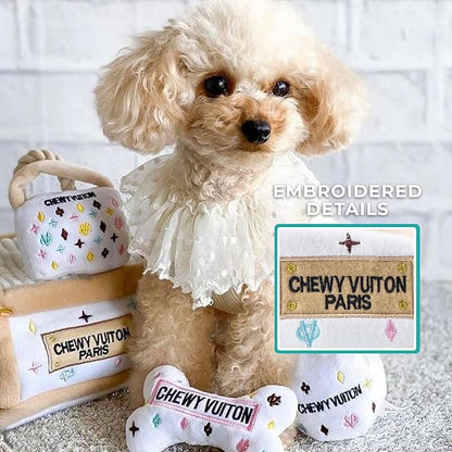 Haute Diggity Dog White Chewy Vuiton Trunk Activity House, Plush Designer Dog Toys with Interactive Squeaker, Stimulating Pet Enrichment, Machine-Washable & Safe Materials for All Breeds, One Size