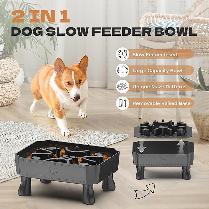 UPSKY Slow Feeder Dog Bowl, 2-in-1 Raised Dog Bowl with Anti-Choking Maze Puzzle, 2-6 Cups Pet Food for Small & Medium Breeds, Interactive Pet Feeder to Slow Eating, Reduce Boredom Grey
