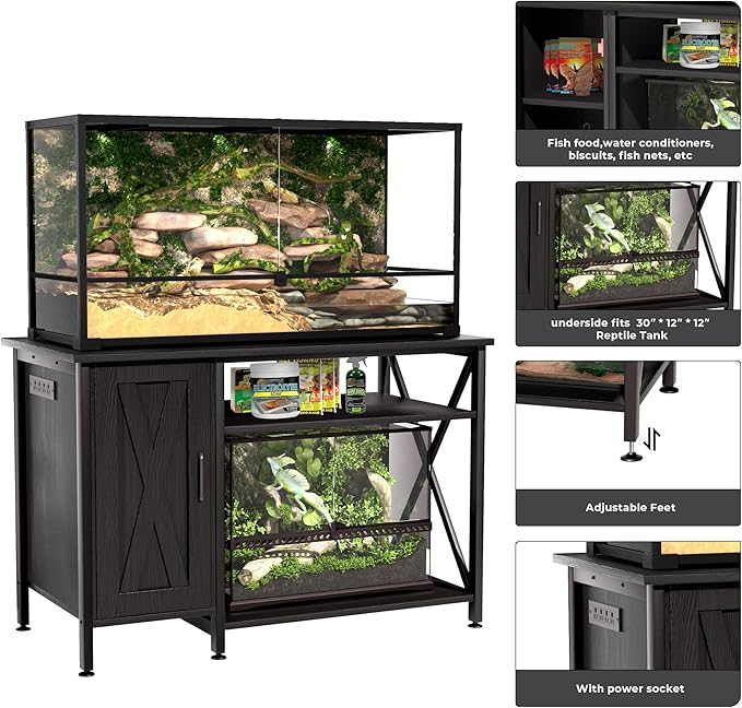 Herture 40-120 Gallon Reptile Tank Stand with Power Outlet, Terrarium Stand with Storage Cabinet, 48" X 24" Tabletop, Reptile Terrarium,Turtle Tank Black PG08XYB
