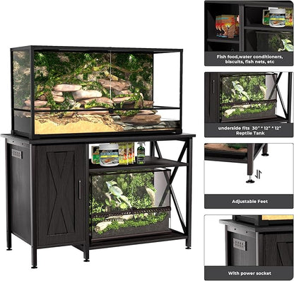 Herture 40-120 Gallon Reptile Tank Stand with Power Outlet, Terrarium Stand with Storage Cabinet, 48" X 24" Tabletop, Reptile Terrarium,Turtle Tank Black PG08XYB