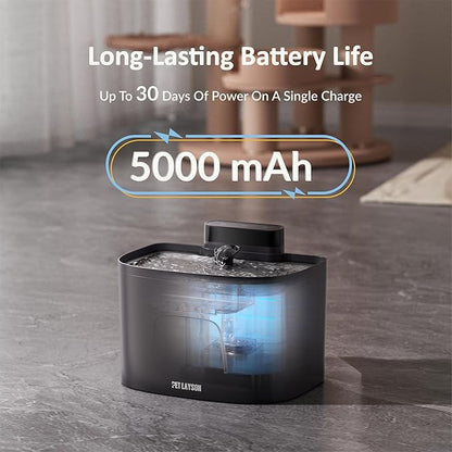 PET LAYSON Pumpless Cat Water Fountain, Smart Cordless Fountains Battery Operated, 3.6L/122oz with Maglev Valve Technology Wireless Rechargeable Water Dispenser for Cat &Dog(Black01, M1-8 Filter)