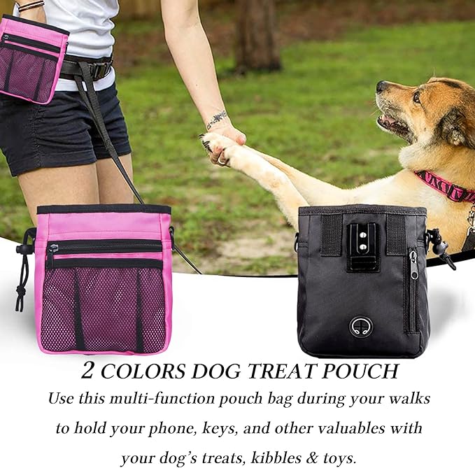 STMK Dog Treat Pouch Dog Clicker Training Kit, Dog Training Treat Pouch Dog Clicker for Training, 3 Ways to Wear Easily Carries Treat Pouches for Pet Training (Black and Pink)