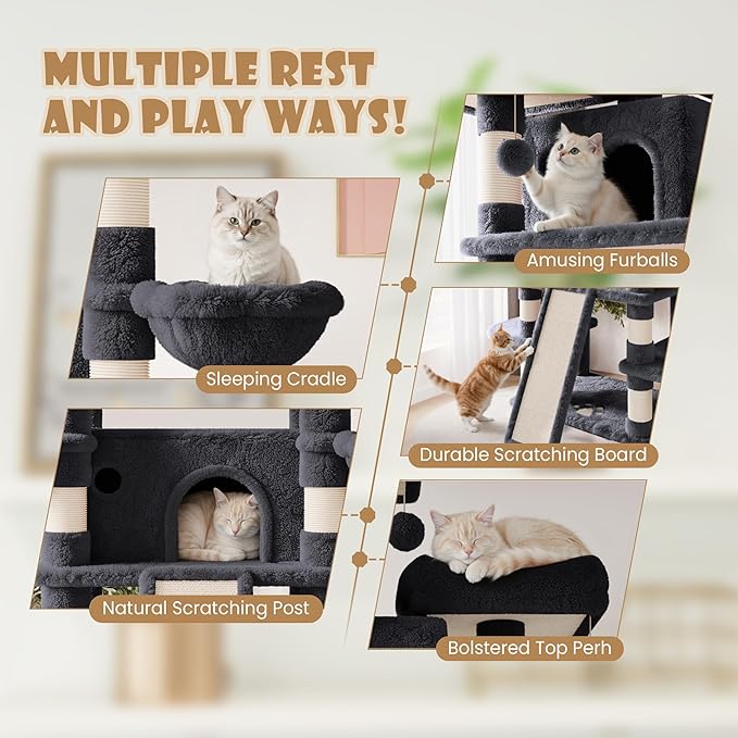 SHA CERLIN 81 Inches Extra Large Cat Tree for Indoor Adult Cats/XXL Big Cat Tower with Condo/Cozy Perches/Sisal Scratching Posts and Hammocks/Activity Center/F80/Heavy Duty/Dark Grey