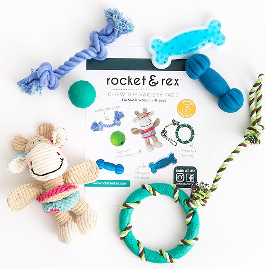 rocket & rex Dog Chew Toy Set for Small to Medium Breeds, Includes All Natural Rubber, Cotton, Ball & Rope Toys, Ideal Puppy Chew Toys for Teething, Reduces Destructive Chewing & Anxiety (Pack of 6)