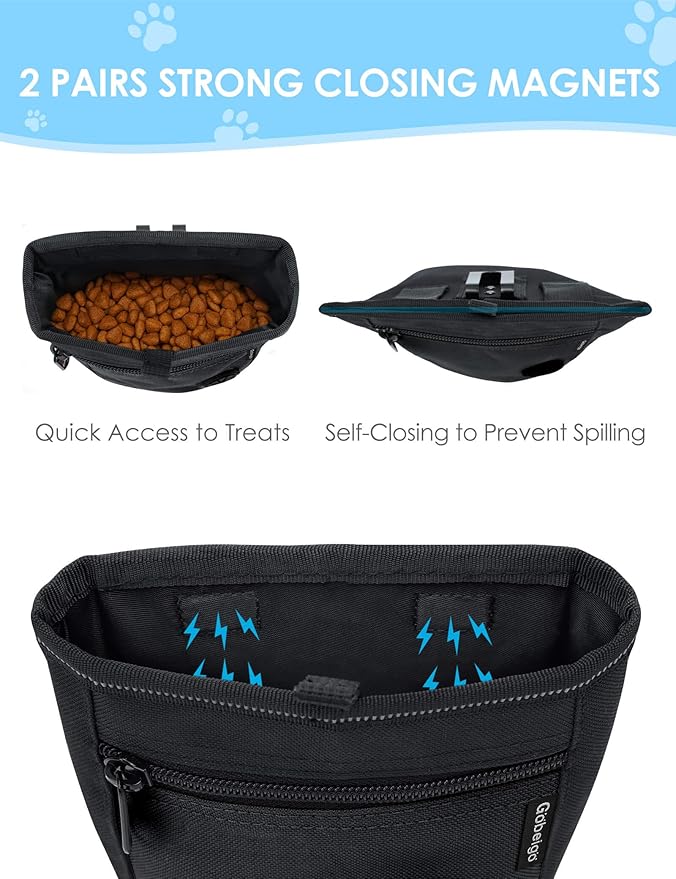Gobeigo Dog Treat Pouch and Training Clicker, Upgrade Two Magnetic Closure to Prevent Spills, 2 Cup Treat Bag with Poop Bag Dispenser, Metal Clip Waist Belt Fanny Pack for Pet Walk (Black)