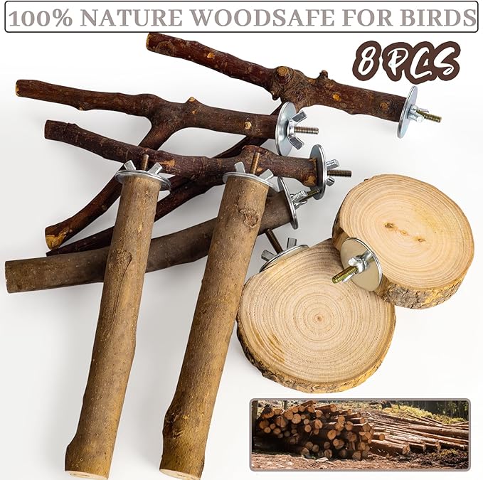 8 Pack Natural Wood Bird Perches, Parrot Perch Stand Bird Cage Accessories for Budgerigar Cockatiels, Conures, Lovebirds