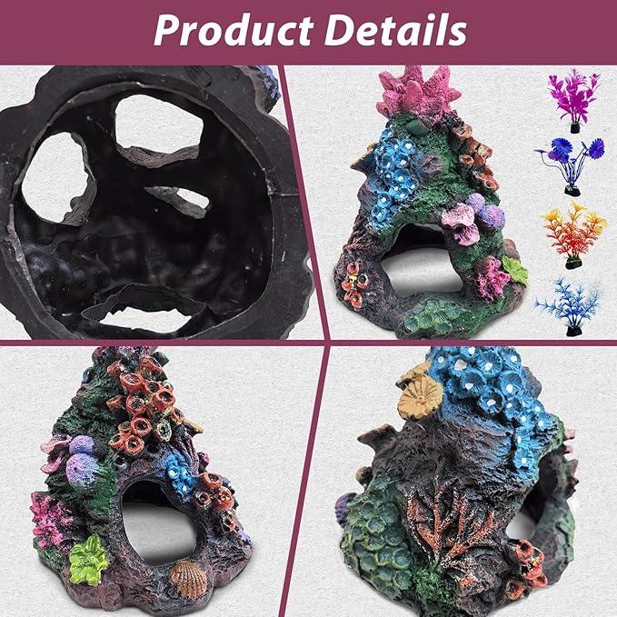 PINVNBY 5 PCS Colorful Coral Fish Tank Decorations, Resin Mountain Ornament and Artificial Plastic Plant for Goldfish Betta Fish Cave Hideout Sleep Rest Play Breed