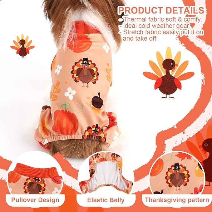 Thanksgiving Dog Outfit Turkey Pumpkin Dog Pajamas Doggie Pjs Pet Jumpsuit Puppy Thanksgiving Clothes Costume Fall Winter Doggy Clothes for Small Dogs Boy Girl, Cat Onesies, XS