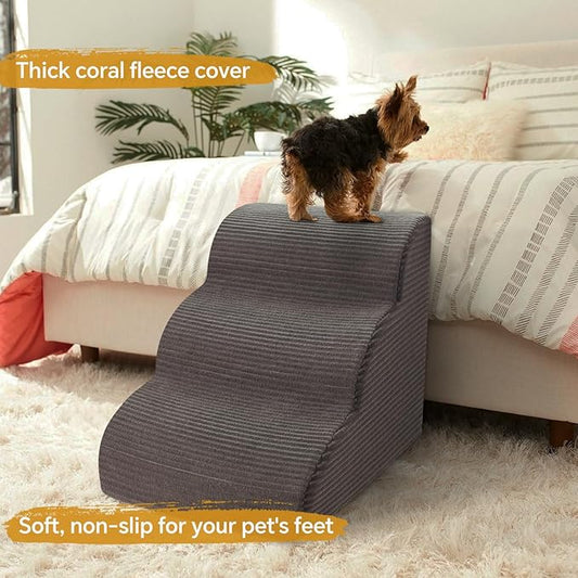 Curved Dog Stairs Ramp for Beds Couches and Chair, 15.7" H, 3-Step Dog Steps for Small Dogs, Pet Stairs for Cats with Non-Slip, Removable and Washable Cover,Balanced Pet Steps Indoor, Deep Grey