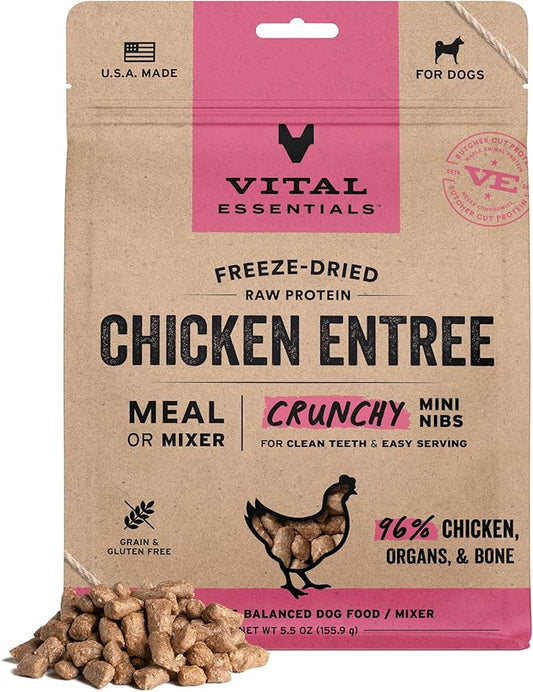 Vital Essentials Freeze-Dried Raw Chicken Crunchy Mini Nibs | Complete Meal or Mixer Dog Food | 5.5 oz