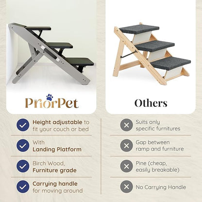 Dog Steps for Bed & Couch 2-in-1 Dog Stairs/Ramp - Height Adjustable Dog Ramp for Couch 7” - 20” - Pet Stairs, Dog Stairs for Small Dogs - Easy to Move Pet Steps with Landing Platform, Gray