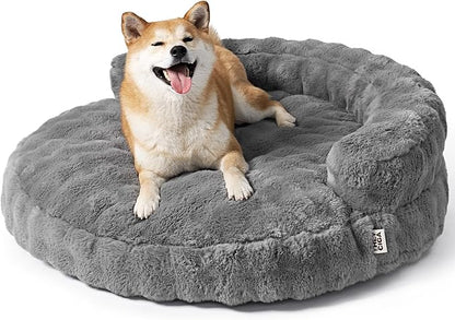 EHEYCIGA Large Dog Bed Sofa – Fluffy Faux Rabbit Fur Pet Couch for Medium and Large Dogs, Washable Removable Cover, Waterproof and Non-Slip, 36 Inch, Grey