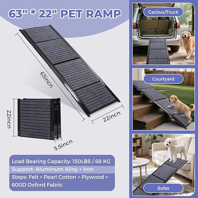 Rosvola Dog Car Ramp, Steps for Car, Portable Pet Stair Ramp with Non-Slip Surface for Car, SUV & Truck, Supports up to 150 Lbs, 600D Oxford Fabric