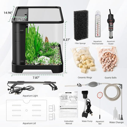 3.5 Gallon Self Cleaning Fish Tank, Aquarium Starter Kit for Betta, Shrimp & Small Fish, Betta Fish Tank with Heater, Thermometer, LED Light, Hidden Multi-stage Filtration System and Water Changer Kit
