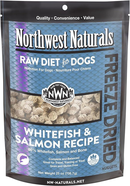 Northwest Naturals Freeze-Dried Whitefish & Salmon Dog Food - Bite-Sized Nuggets - Grain-Free, High-Protein, Raw Diet, Human-Grade Ingredients, All Natural, Omega-3 for Skin & Coat, Made in USA, 25 Oz