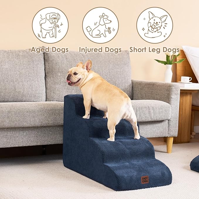 EHEYCIGA Curved Dog Stairs Ramp for High Beds 19.7" H, 4-Step Dog Steps for Small Dogs and Cats, Pet Stairs for High Bed Climbing, Non-Slip Balanced Pet Step Indoor, Navy