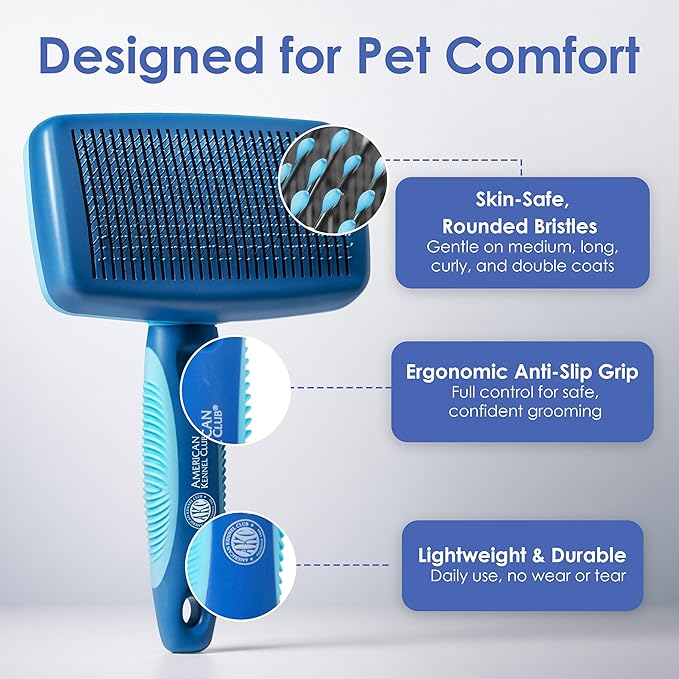 American Kennel Club-Self-Cleaning Slicker Brush for Dogs & Cats |Pet Grooming Brush |Removes Loose Hair, Mats & Tangles | Gentle Deshedding Tool for All Coat Types | Skin Friendly & Easy-Clean Design