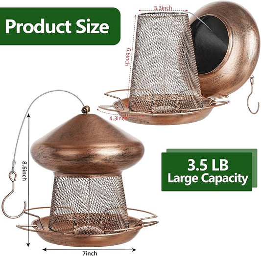 IWNTWY Bird Feeder, Heavy Duty Metal Bird Feeders for Outdoor Hanging, Cute Mushroom Shape 3.5 LB Large Capacity Wild Birdfeeder for Outside Garden Yard (Brown)