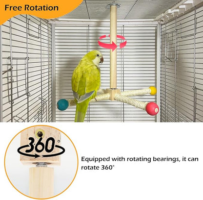 Large Bird Stand Perch Toy for Cage, Interactive Spinning Toys, Wooden Exercise Wheel Quaker Toy, Enrichment Bird Cage Accessories Perch Toys for Medium-Sized Birds Cockatiel Ring-Necked Caique (L)