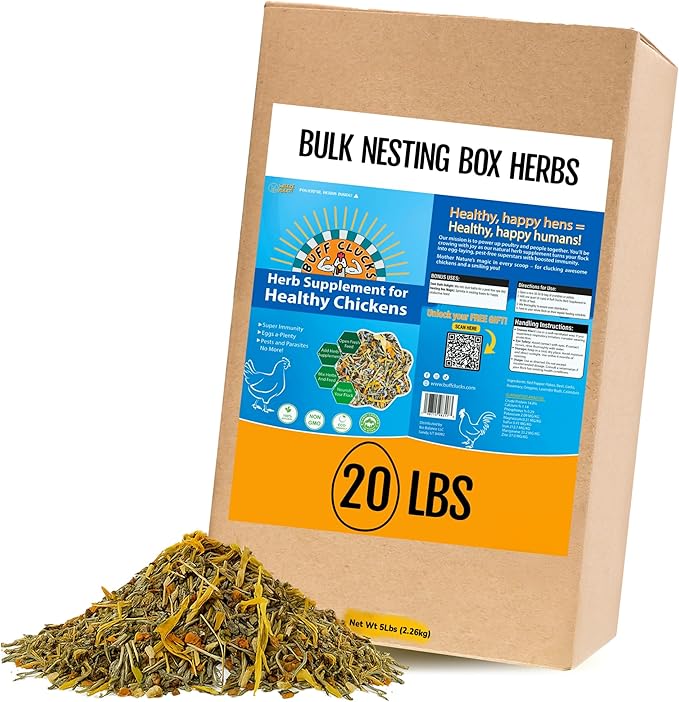 Buff Clucks Herb Supplement for Backyard Chickens - Natural Chicken Treats, Poultry Feed Botanical Mix, Plant-Based Coop Snacks for Daily Wellness, Feather Quality, Egg Production, USA (20 LB)
