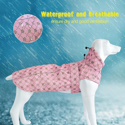 Adjustable Waterproof Dog Raincoat for Dogs,Lightweight Pet Rain Jacket Puppy Clothes with Reflective Strip for Small Medium Large Dogs(X-Large,Gold Cheery Blossoms Pink)