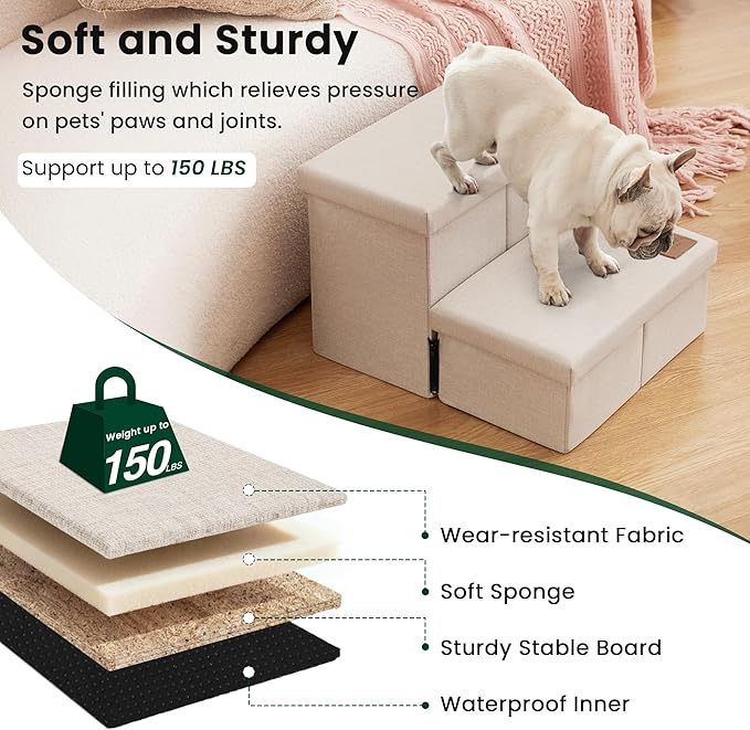 Love's cabin Dog Stairs with Storage 13" H,Foldable Pet Stairs for Small Medium or Large Dogs,Cat Puppy Steps Ramp with Zip up to 150 lbs(Beige,2 Steps no Condo)