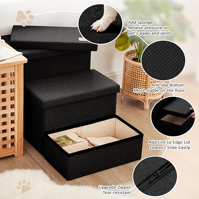 Love's cabin Dog Stairs with Storage,3 Steps Wider Dog Steps for High Bed 18" H,Foldable Pet Stairs for Small Medium Large Dogs Cats for Bed Couch Car,Ramp with Zip up to 200 lbs,Black,No Condo