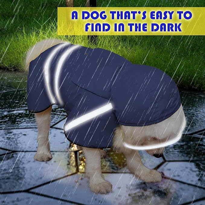 Dog Raincoat, Adjustable Rain Jacket with Hooded Double Layer for Large Medium Small Dogs Puppies, Lightweight Waterproof Rain Coat Poncho with Reflective Stripe Navy,L