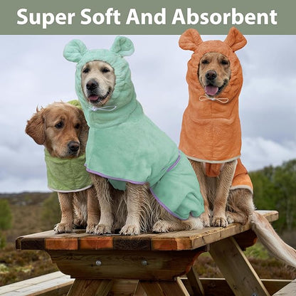 Dog Bathrobe Super Absorbent Towel Robe - Microfiber Bath Towels Fast Drying Coat for Dogs, Cute Dogs Clothes Adjustable Collar & Belly Strap Warm Keeping Hooded Dog Towel (Olive Green, Small)