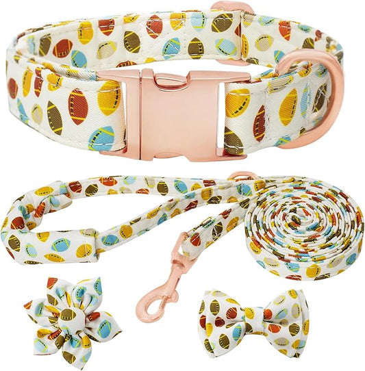 Dog Collar and Leash Set Girls Adjustable Puppy Collars with Floral Bow Tie for Small Medium Large Female Dogs, Rugby, S