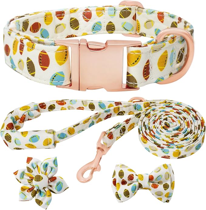 Dog Collar and Leash Set Girls Adjustable Puppy Collars with Floral Bow Tie for Small Medium Large Female Dogs, Rugby, L