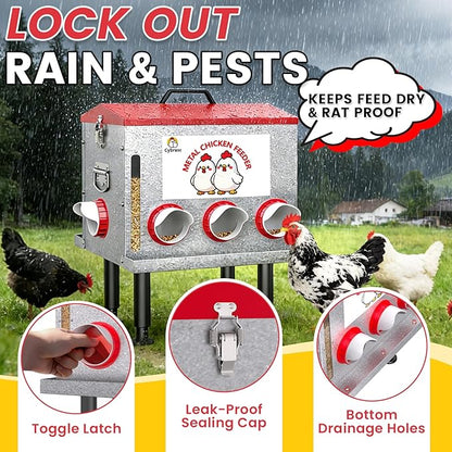 Cybrasc 10-Gal 55LB Metal Chicken Feeder with Window, Dual No-Waste & Rat-Proof Design, Automatic Large Chicken Feeder for Outdoor Coops, Rust-Proof Alloy Steel Poultry Feeder with Adjustable Legs