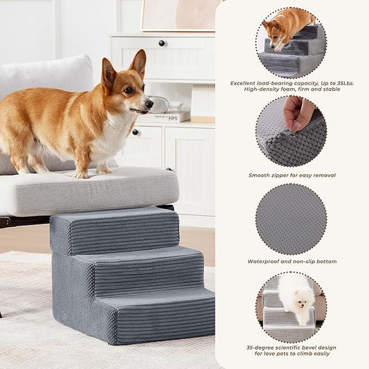 HYLEORY Dog Stairs for Bed 13.5''H, 3-Step Pet Stairs for Small Dogs & Cats, Sturdy Pet Steps with Non-Slip Bottom, Functional Portable Dog Ramp for Couch/Chair/Sofa/Car, with Storage Pocket, Grey