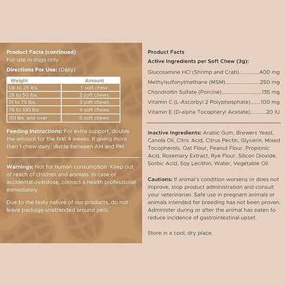 Dog Glucosamine Chews, 90 Count - Hip and Joint Supplement for Dogs - MSM, Chondroitin for Joint and Cartilage Health - Puppies and Seniors, Small and Large Breeds, Peanut Butter Flavor