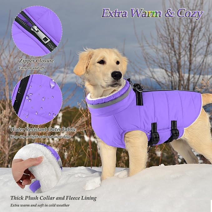 Dogcheer Dog Coat with Harness, Waterproof Dog Jacket Adjustable Winter Coat with Zipper, Christmas Puppy Snow Jacket Fleece Sweater for Small Medium Large Dogs - Taro Purple L