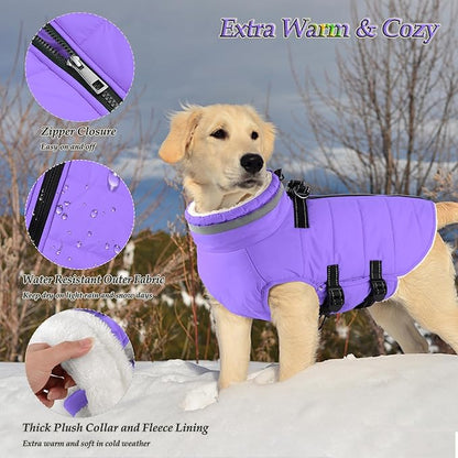 Dogcheer Dog Coat with Harness, Waterproof Dog Jacket Adjustable Winter Coat with Zipper, Christmas Puppy Snow Jacket Fleece Sweater for Small Medium Large Dogs - Taro Purple L