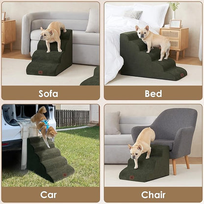 EHEYCIGA Curved Dog Stairs Ramp for Small Dogs 15.7" H, 3-Step Dog Steps for Couch Sofa and Chair, Pet Stairs for Cats, Non-Slip Balanced Pet Steps Indoor, Military Green