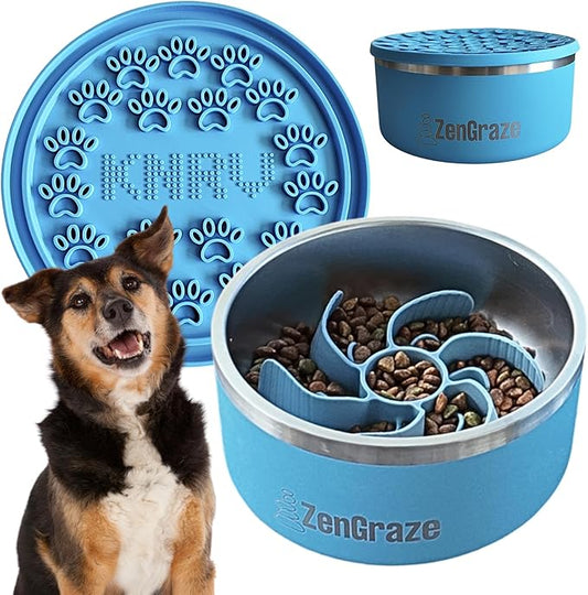 Heavy Duty Stainless Steel Dog Bowl with Premium Accessories – Slow Feeder Insert & Multi-Use Lick Mat Lid | Non-Slip, Durable | Reduce Gulping & Add Enrichment | 64 oz | Medium to XL Dogs (Eli Blue)