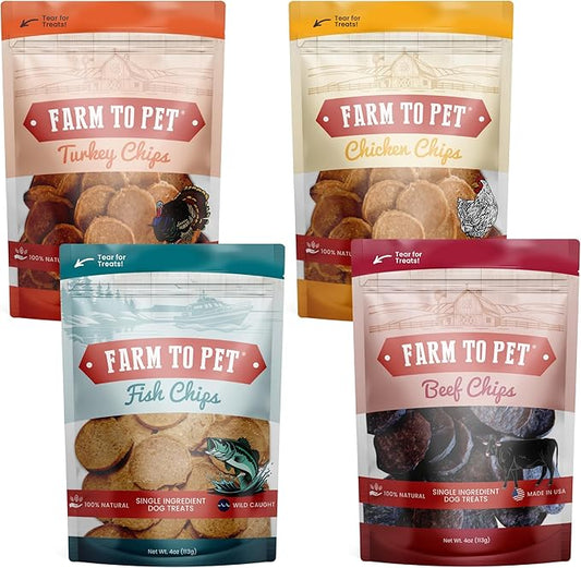 Farm To Pet - Dog Training Treats - Chicken, Turkey, Beef and Fish Chip Protein Variety Pack - 100% All Natural, Single Ingredient Training Treats for Small, Medium, and Large Dogs - Made in USA