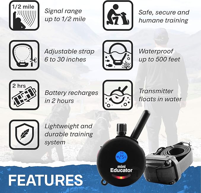 Educator ET-300 Black Mini E Collar for Dog Training with Remote - 1/2 Mile Range, Waterproof, 100 Blunt Stimulation Levels, Tone or Vibration Mode, Night Light Tracking for Small, Medium & Large Dogs