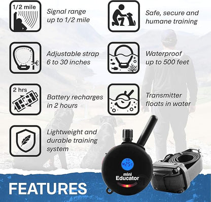 Educator ET-300 Black Mini E Collar for Dog Training with Remote - 1/2 Mile Range, Waterproof, 100 Blunt Stimulation Levels, Tone or Vibration Mode, Night Light Tracking for Small, Medium & Large Dogs