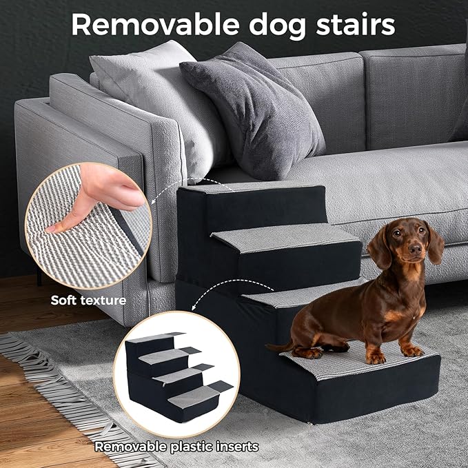 Dog Stairs for Small Dogs and Cats 18.5" H 4-Step Dog Steps for High Bed Couch and Sofa High-Density Foam Pet Stairs with Supporting Board Pet Steps with Non-Slip Bottom Washable Cover